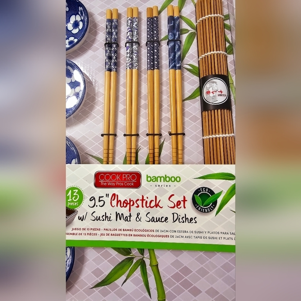 Cook Pro Bamboo 9.5" Sushi Chopstick Set with Blue Floral Dishes New - Picture 3 of 4